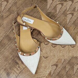 Valentino Garavani White and Brown Studded Flats